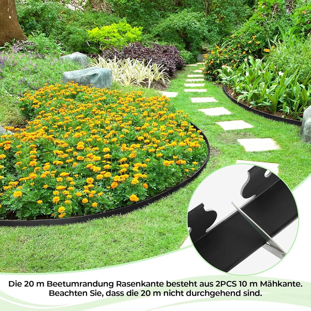 10m Rasenkante Kunststoff, flexible Beeteinfassung, Rasenkante, 30 Stifte